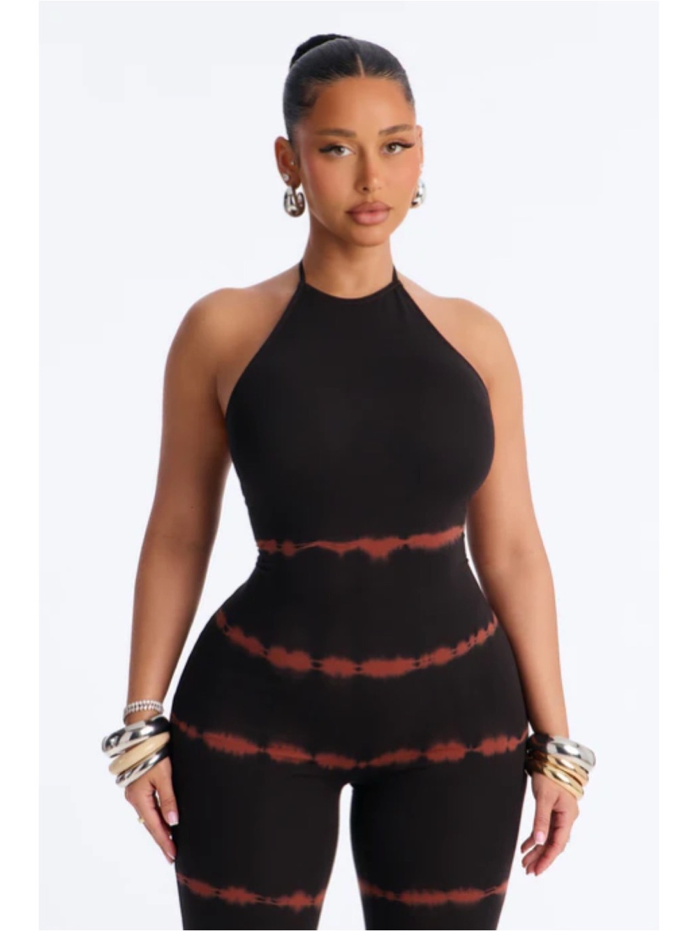 Kasey Tie Dye Halter Capri Leg Jumpsuit -  Black/Rust - Picture 3 of 9